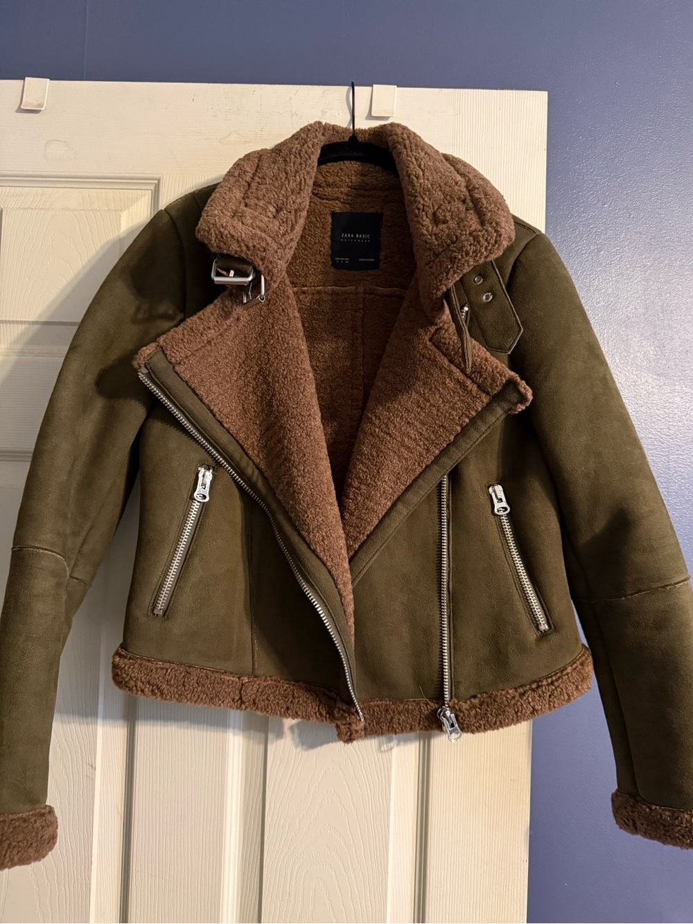Zara Olive Green Moto Jacket with Brown Shearling Trim